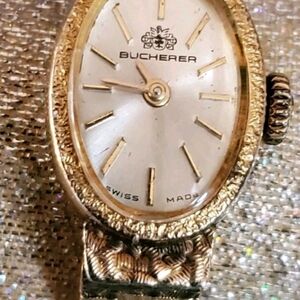 Vtg 60s-70s Bucherer Swiss Ladies Gold Plated Bark Bracelet Watch 17J Manual Win